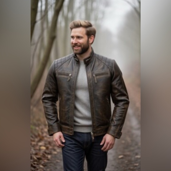 Real Leather Other - NWT [Real Leather] Motorcycle Biker Brown Diamond Leather Jacket Mens 2XL
